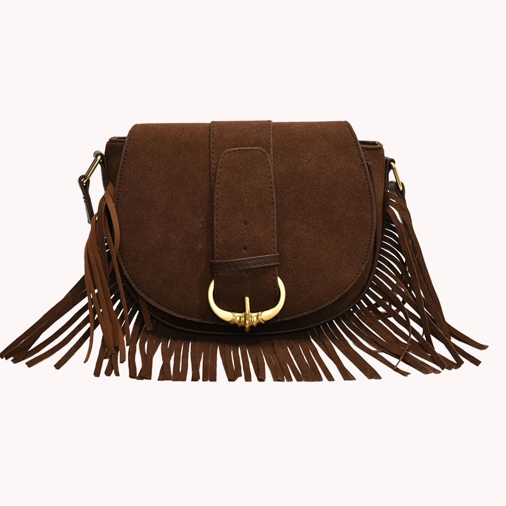 Women Suede Crossbody Bag with Tassels Shoulder Bag Zipper Closure Handbag Satchel Bag for Work Travel