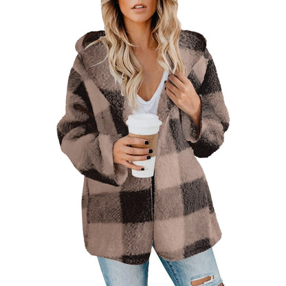 Loose Long Sleeve Plush Plaid Hooded Pocket Zipper Jacket Fashion Winter Warm Fuzzy Cardigan For Female