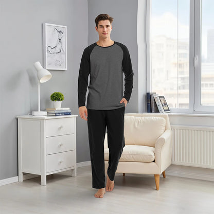 Modishion Men's Long Sleeve Cotton Pajama Set Modal Home Clothes Long Shirt Pants Pajamas