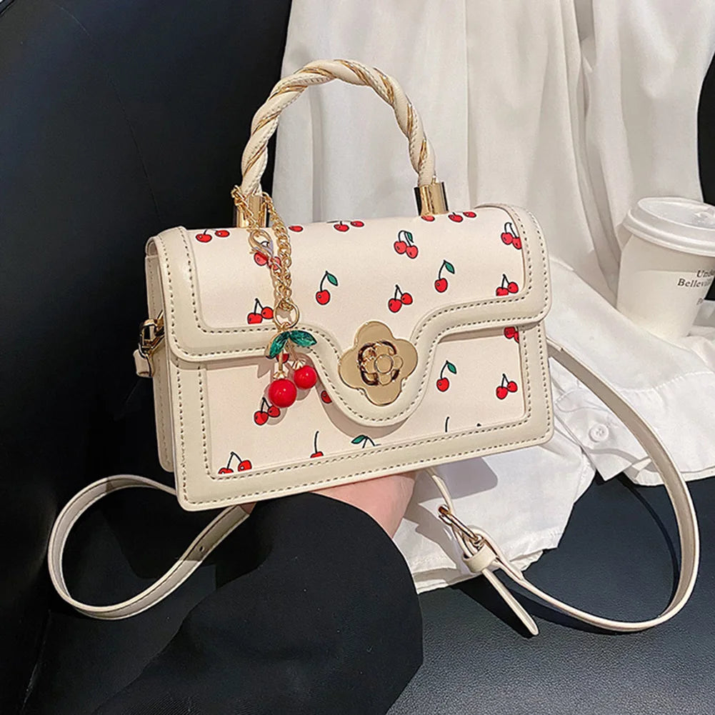 Women Cherry Square Chain Bag PU Leather Fashion Small Satchel Bag Versatile Cherry Pattern Sling Bag Female Daily Commute Bag