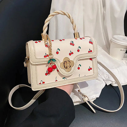 Women Cherry Square Chain Bag PU Leather Fashion Small Satchel Bag Versatile Cherry Pattern Sling Bag Female Daily Commute Bag