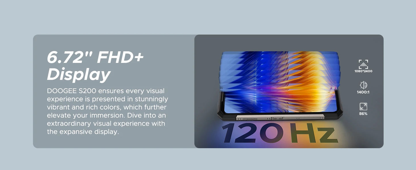 DOOGEE S200 5G Rugged Phone 1.32" Rear Display 12GB 256GB 6.72" 120Hz 100MP AI Main Camera 10100mAh Battery 33W Smartphone