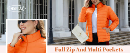 Women's Quilted Puffer Jacket Zip Up Puffer Coat Stand Collar Windbreaker Water Resistant Warm Jacket With Multiple Pockets