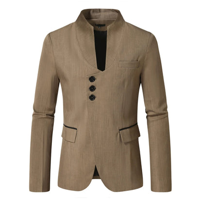 Men's Elegant Solid Color Stand Collar Long Sleeve Single Breasted Suit Fashion Skinny Formal Occasion Clothing