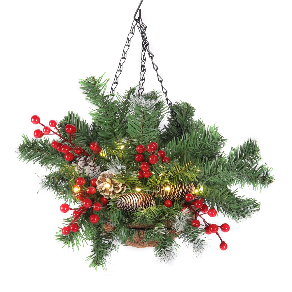 Christmas decorative artificial hanging basket with frosted pine cones and mixed plant ornaments Christmas hanging basket