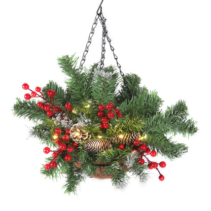 Christmas decorative artificial hanging basket with frosted pine cones and mixed plant ornaments Christmas hanging basket