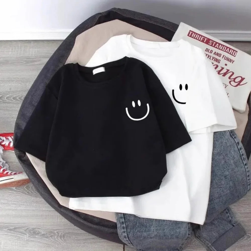 Pure white smiling face children's short-sleeved T-shirt loose basic summer versatile base dressing fresh and simple