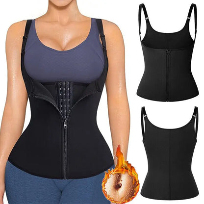 Women's Waist Trainer Sauna Sweat Vest Corset Body Shaper Neoprene Shapewear Gym Workout Tank Top Black Slimming Top with Zipper
