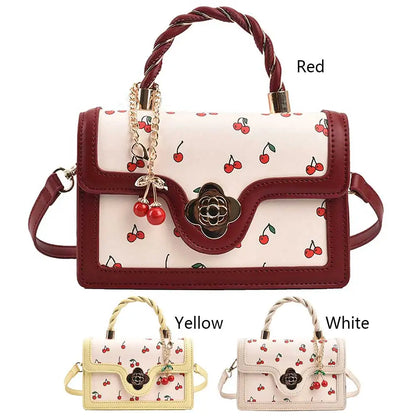Women Cherry Square Chain Bag PU Leather Fashion Small Satchel Bag Versatile Cherry Pattern Sling Bag Female Daily Commute Bag