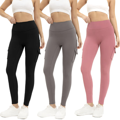 3PCS Women's Solid Color Gym Leggings High Waisted Fitness Yoga Pants Practical Pocket Stretch Outdoors Sports Cargo Styles