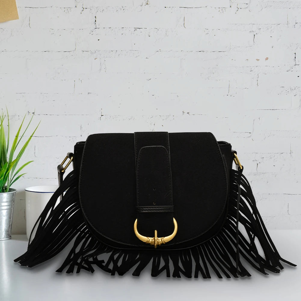 Women Suede Crossbody Bag with Tassels Shoulder Bag Zipper Closure Handbag Satchel Bag for Work Travel