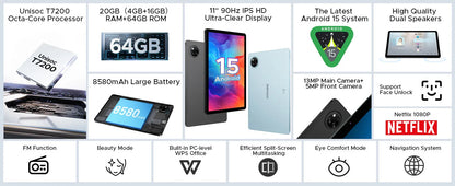 DOOGEE Tab A9+ 2 IN 1 Smart Tablet PC Android 15 11'' Display 20GB RAM(4+16) 64GB ROM 8580mAh Battery Dual Speakers Widevine L1