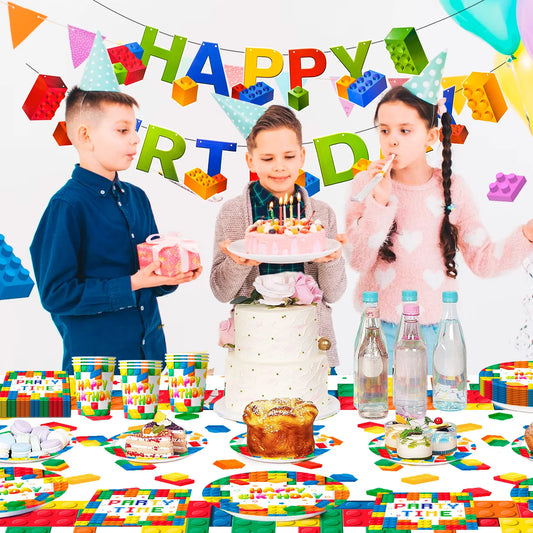 Building Blocks Birthday Party Supplies-66pcs Party Tableware set-Building Block Party Plates Napkins Tablecloth etc