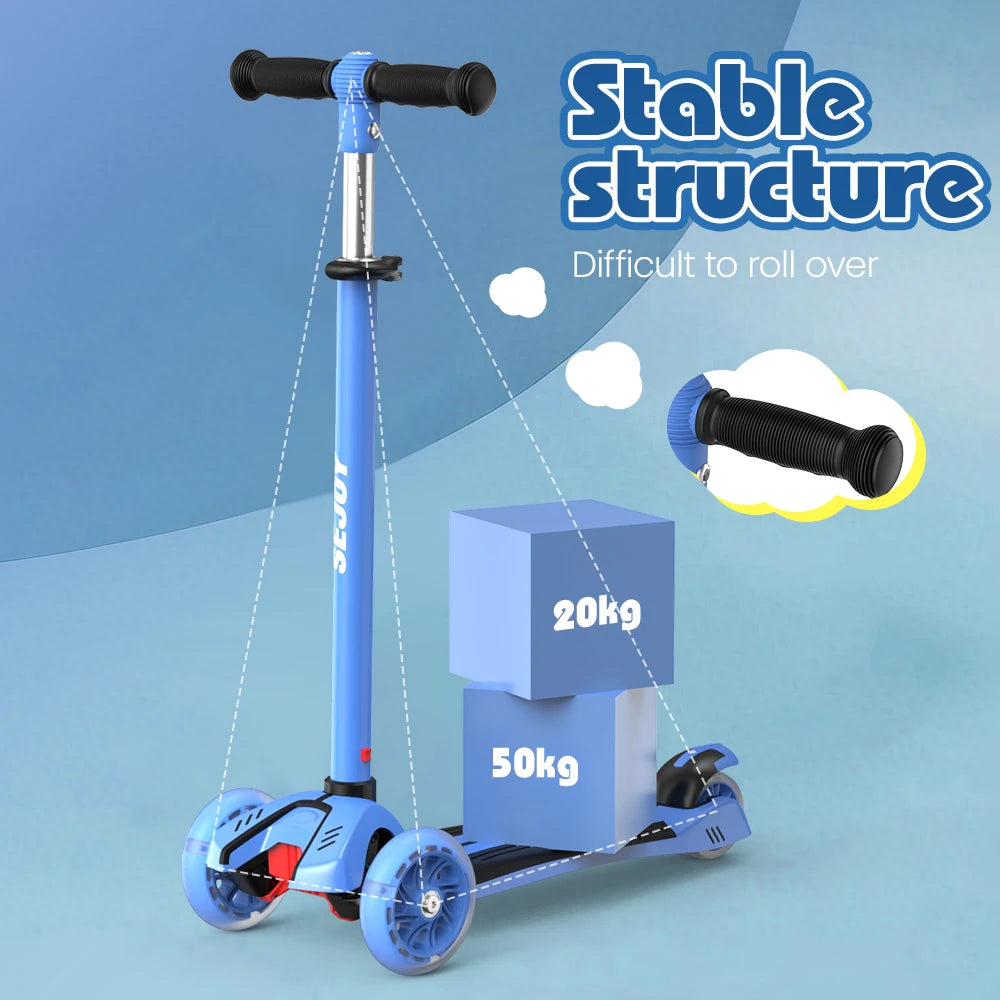 Sejoy Baby Scooter 2-8 Years with LED Wheels Adjustable Height Foldable Design & Dual Modes - Military-Grade Frame