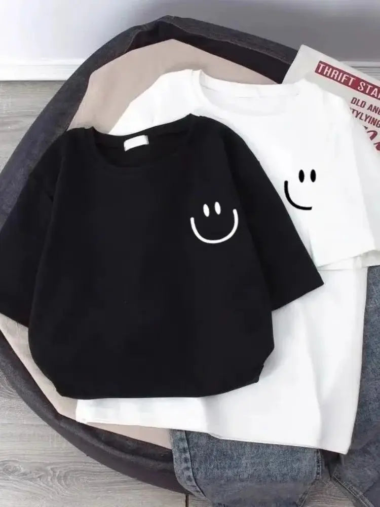 Pure white smiling face children's short-sleeved T-shirt loose basic summer versatile base dressing fresh and simple