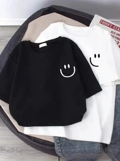 Pure white smiling face children's short-sleeved T-shirt loose basic summer versatile base dressing fresh and simple