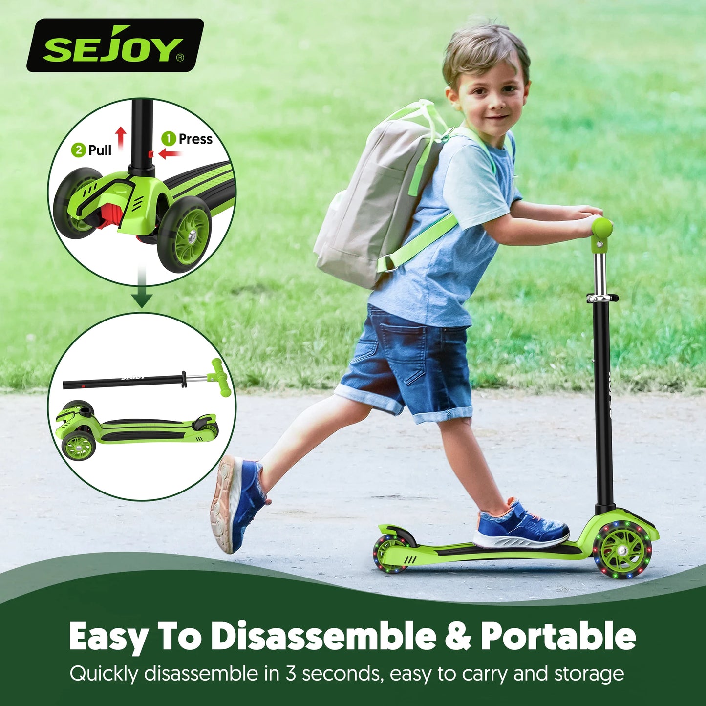 SEJOY Foldable Children Scooter Adjustable Height Kick  3 Wheel Scooter with Flash Wheels  Scooter for 3-12 Year Kids Gift
