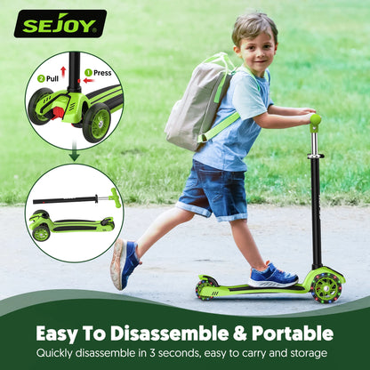 SEJOY Foldable Children Scooter Adjustable Height Kick  3 Wheel Scooter with Flash Wheels  Scooter for 3-12 Year Kids Gift