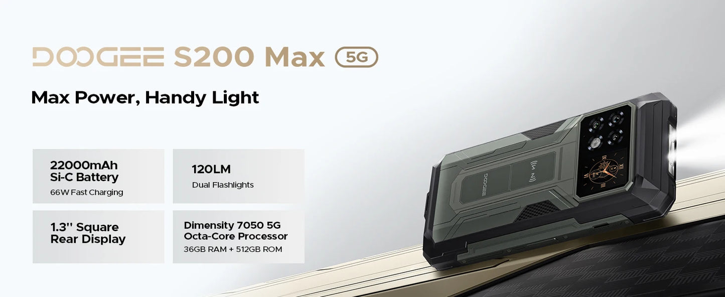 DOOGEE S200 Max 5G Rugged Phone Dual light Flashlight 16GB 512GB 22000mAh 66W 1.32" Rear Display 6.72” 120Hz NFC Smartphone
