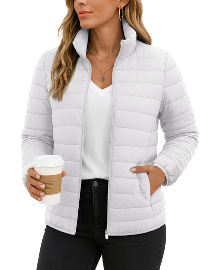 Women's Quilted Puffer Jacket Zip Up Puffer Coat Stand Collar Windbreaker Water Resistant Warm Jacket With Multiple Pockets