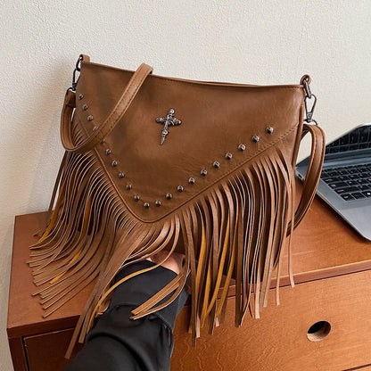 Women PU Studded Tassel Shoulder Bag Large Capacity Bohemian Messenger Bag Adjustable Strap Tassel Hobo Bag for Party Vacation