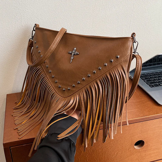 Women PU Studded Tassel Shoulder Bag Large Capacity Bohemian Messenger Bag Adjustable Strap Tassel Hobo Bag for Party Vacation