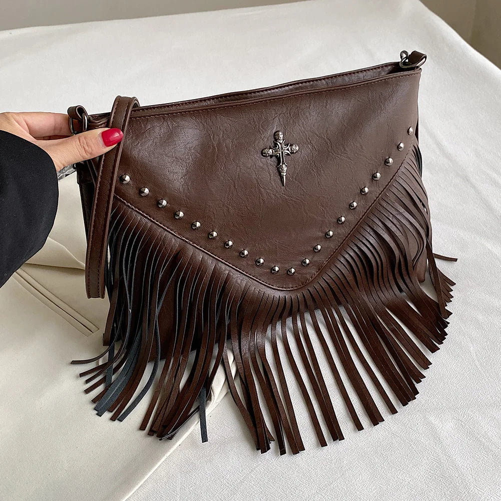 Women PU Studded Tassel Shoulder Bag Large Capacity Bohemian Messenger Bag Adjustable Strap Tassel Hobo Bag for Party Vacation