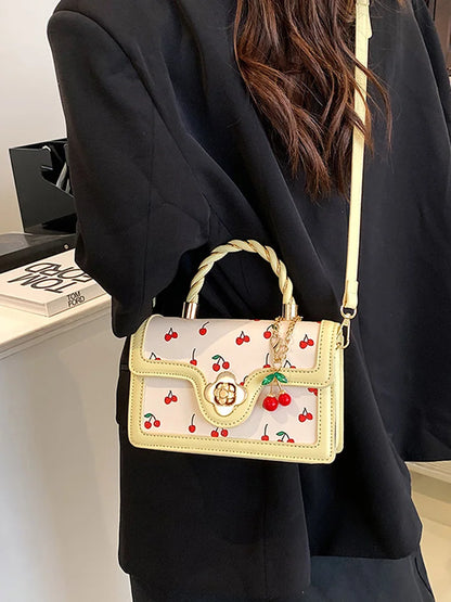 Women Cherry Square Chain Bag PU Leather Fashion Small Satchel Bag Versatile Cherry Pattern Sling Bag Female Daily Commute Bag
