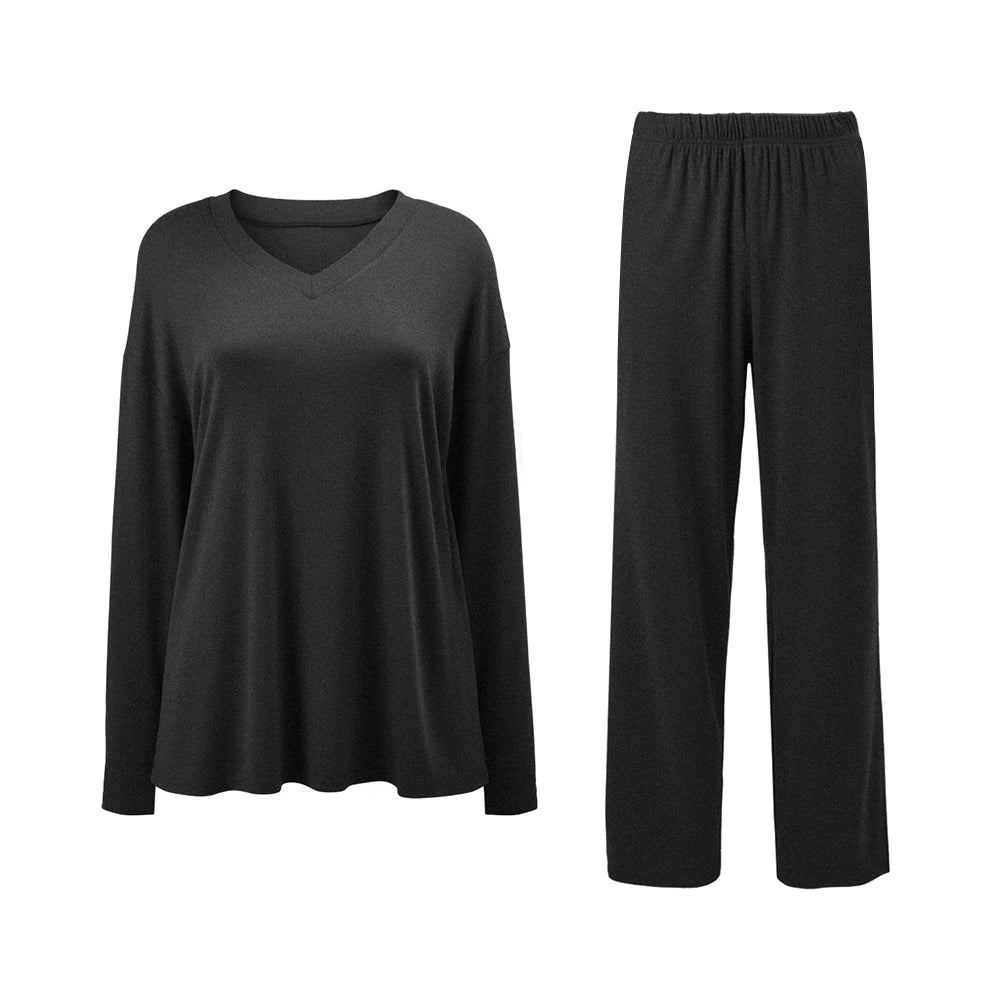 Modishion Women's V-neck long-sleeved pajamas home wear set loose and comfortable simple and fashionable Sleepwear