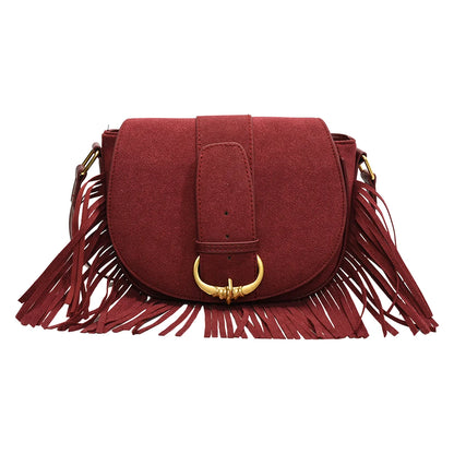 Women Suede Crossbody Bag with Tassels Shoulder Bag Zipper Closure Handbag Satchel Bag for Work Travel
