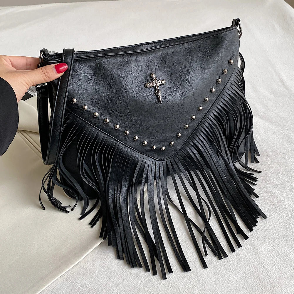 Women PU Studded Tassel Shoulder Bag Large Capacity Bohemian Messenger Bag Adjustable Strap Tassel Hobo Bag for Party Vacation