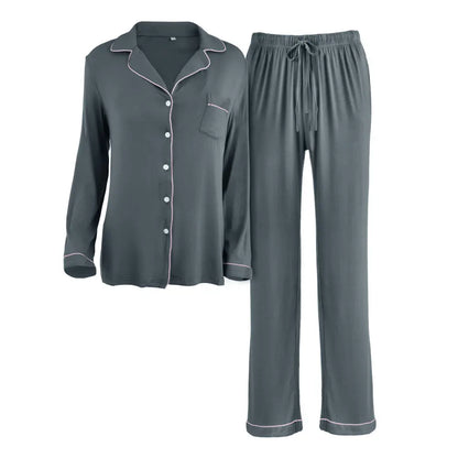 Modishion Long Sleeve Lapel Pajamas Solid Color Loungewear Set Button Top and Pants Women's Sleepwear Loungewear