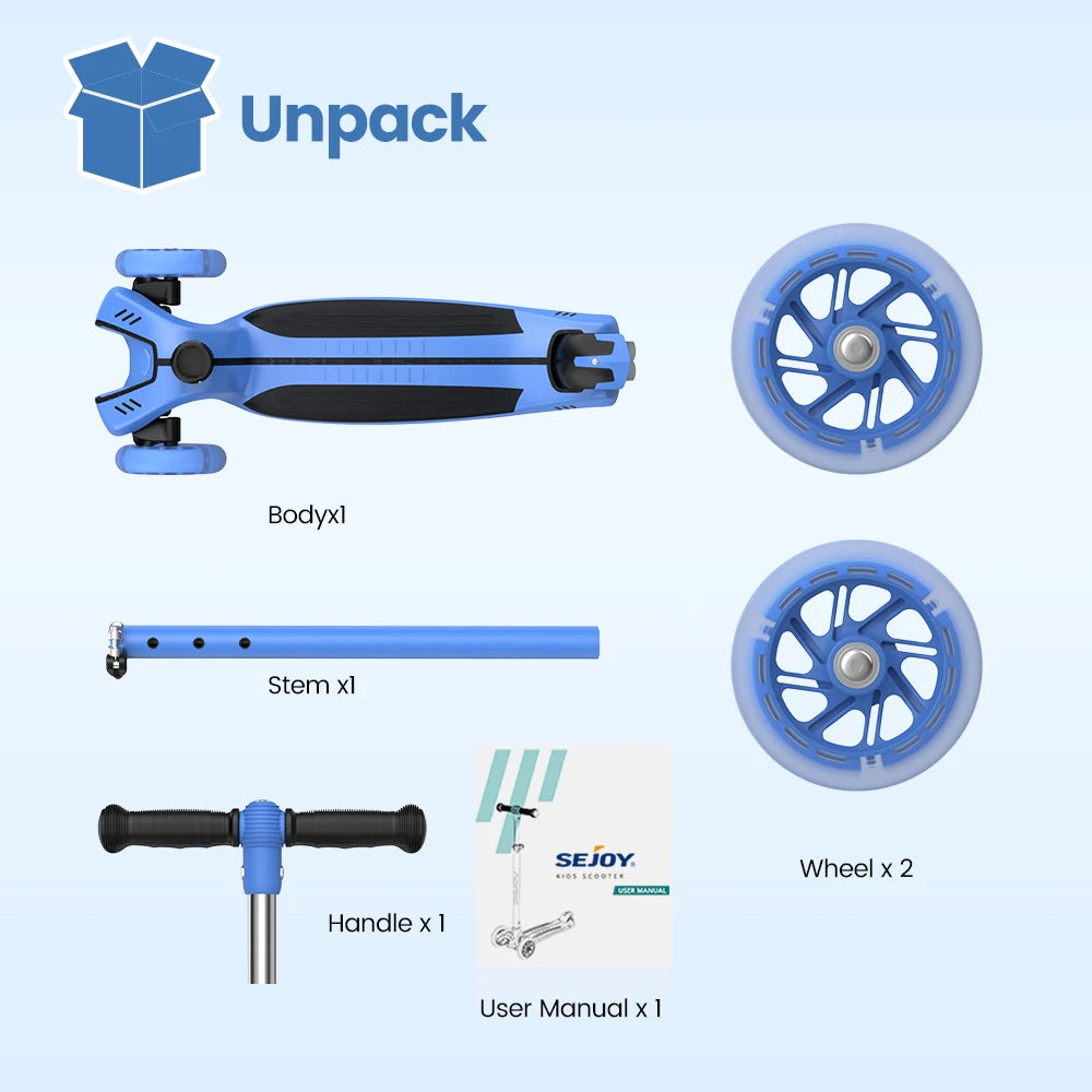 Sejoy Baby Scooter 2-8 Years with LED Wheels Adjustable Height Foldable Design & Dual Modes - Military-Grade Frame
