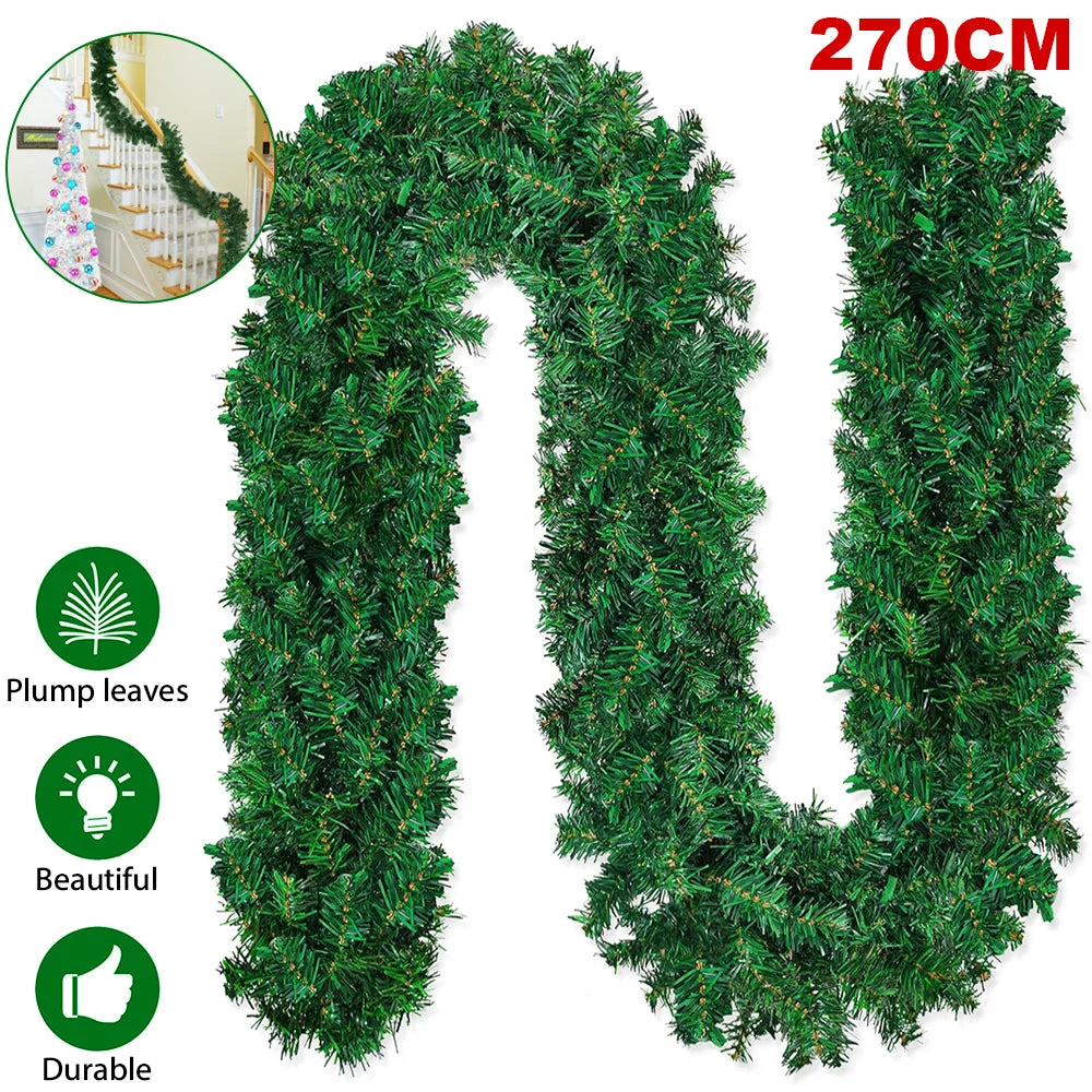 9FT Bushy Christmas Garland Fireplace Artificial Wreath Stairs Xmas Decorations