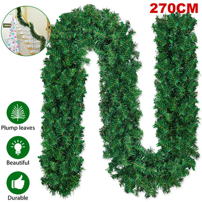 9FT Bushy Christmas Garland Fireplace Artificial Wreath Stairs Xmas Decorations