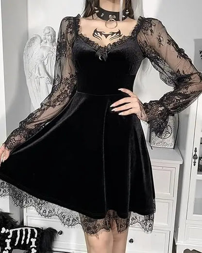 MEOWCOS Women Dark Retro Style Velvet Long Sleeves Dress Elegant Lace Dresses Cocktail Dress Party Evening Moon Pendant Dress