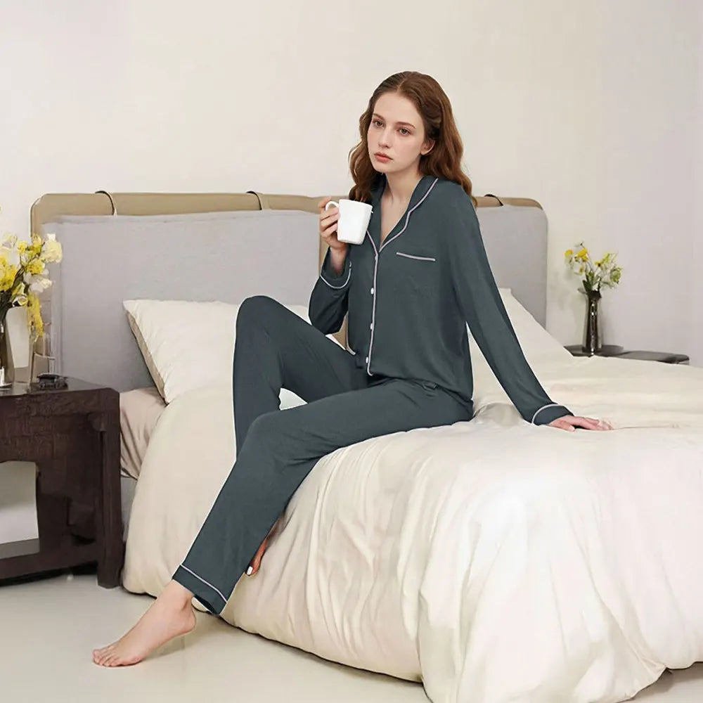 Modishion Long Sleeve Lapel Pajamas Solid Color Loungewear Set Button Top and Pants Women's Sleepwear Loungewear