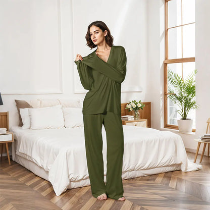 Modishion Women's V-neck long-sleeved pajamas home wear set loose and comfortable simple and fashionable Sleepwear
