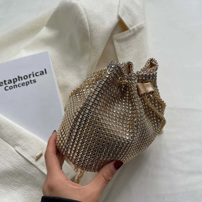 Women Chain Crossbody Bag Solid Color Rhinestone Glittering Satchel Bag Drawstring Bling Bucket Bag Female Dating Bag