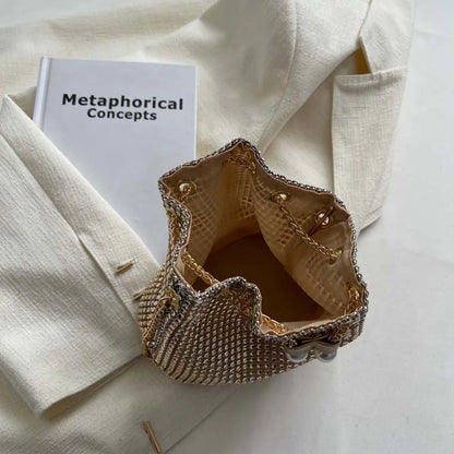 Women Chain Crossbody Bag Solid Color Rhinestone Glittering Satchel Bag Drawstring Bling Bucket Bag Female Dating Bag