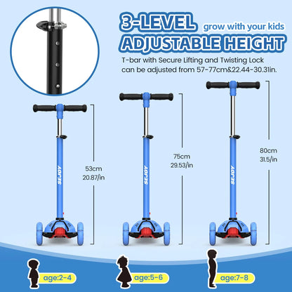 Sejoy Baby Scooter 2-8 Years with LED Wheels Adjustable Height Foldable Design & Dual Modes - Military-Grade Frame