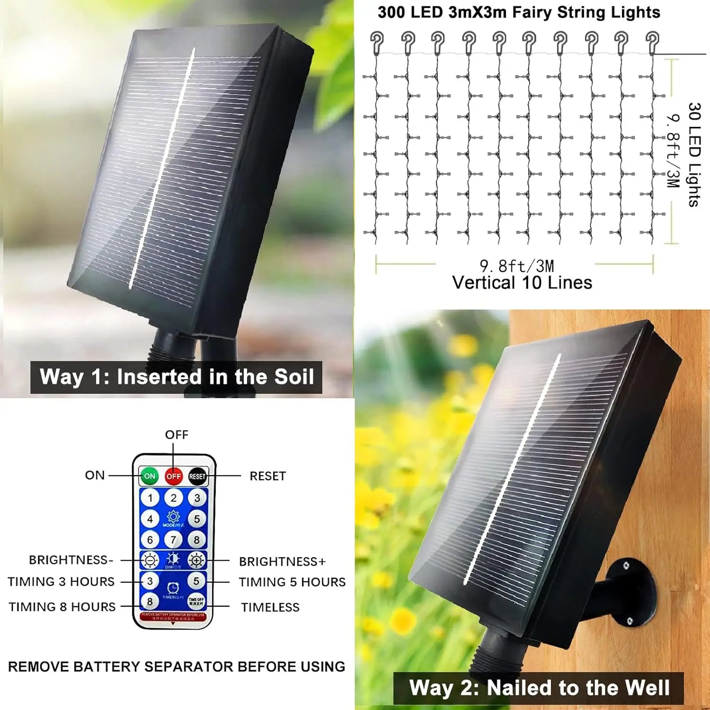 Solar Curtain Lights Outdoor Fairy Lights 300 LED Remote Control Waterproof Fairy String Light for Party Christmas Autumn Decor