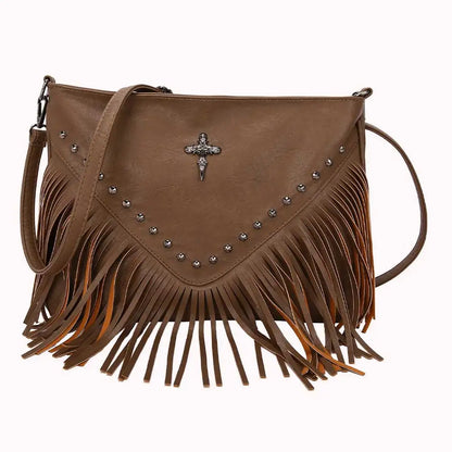 Women PU Studded Tassel Shoulder Bag Large Capacity Bohemian Messenger Bag Adjustable Strap Tassel Hobo Bag for Party Vacation