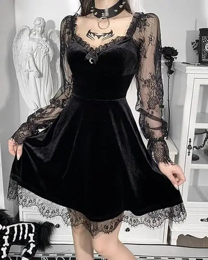 MEOWCOS Women Dark Retro Style Velvet Long Sleeves Dress Elegant Lace Dresses Cocktail Dress Party Evening Moon Pendant Dress