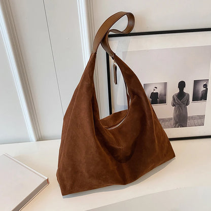 Women Suede Tote Bag with Hobo Bag Large Capacity Underarm Bag Solid Slouchy Bag Commuter Travel Bag