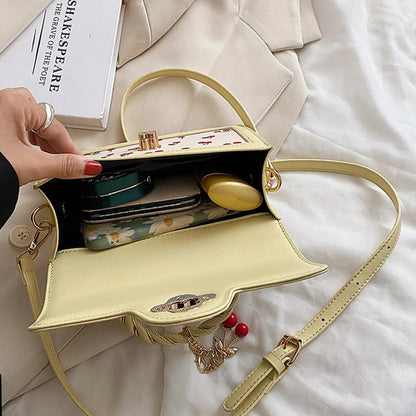 Women Cherry Square Chain Bag PU Leather Fashion Small Satchel Bag Versatile Cherry Pattern Sling Bag Female Daily Commute Bag