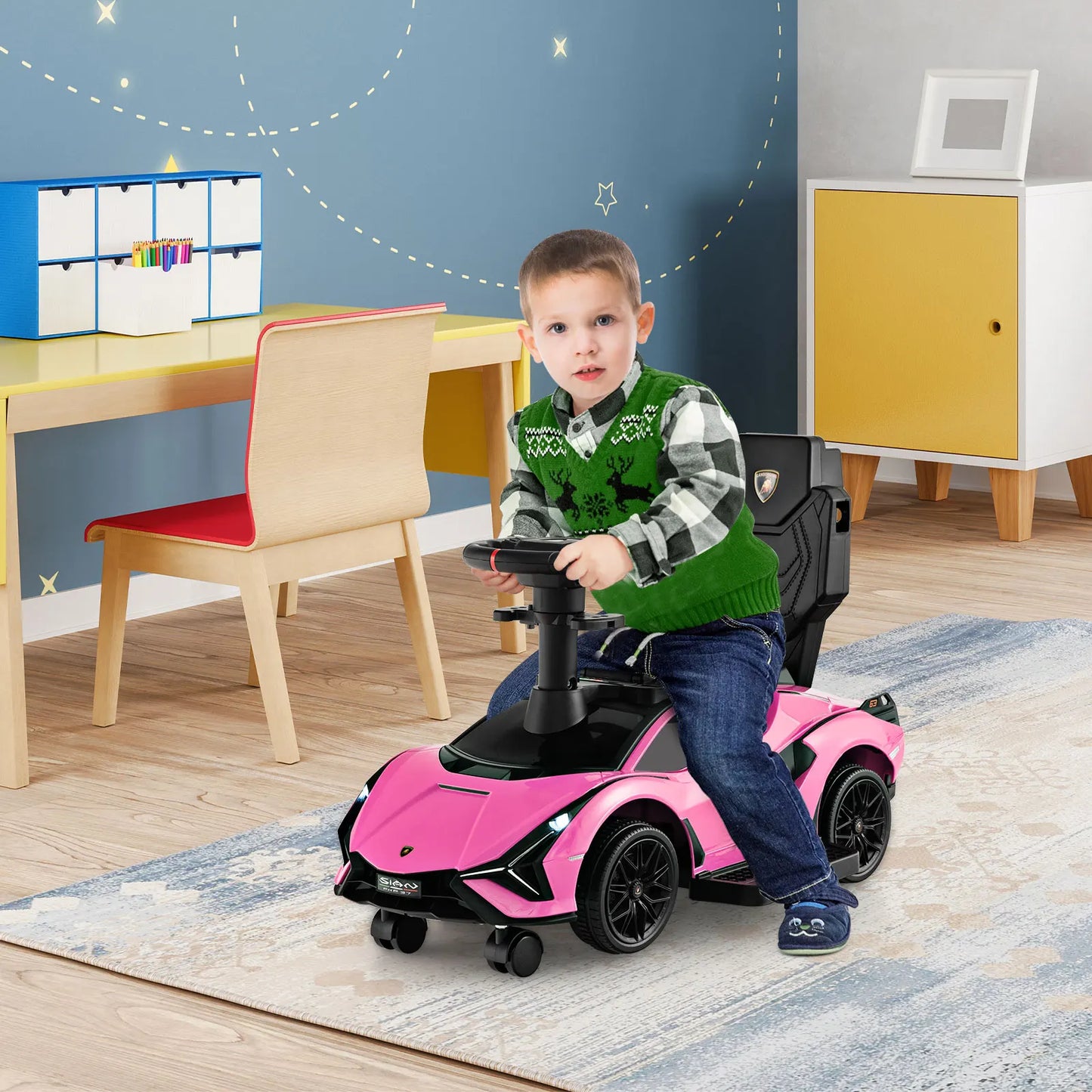 DORTALA 3-In-1 Toddlers Ride on Push Car Kids Licensed Lamborghini Walking Toy Car Black/Pink/White