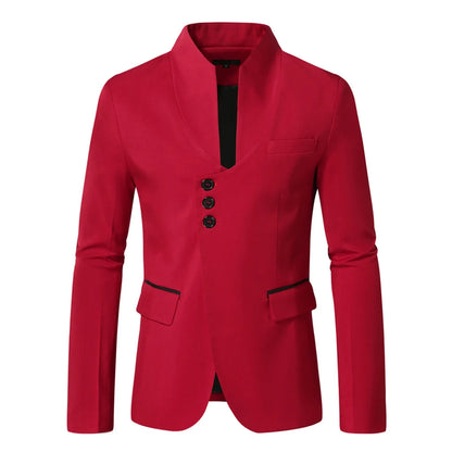 Men's Elegant Solid Color Stand Collar Long Sleeve Single Breasted Suit Fashion Skinny Formal Occasion Clothing