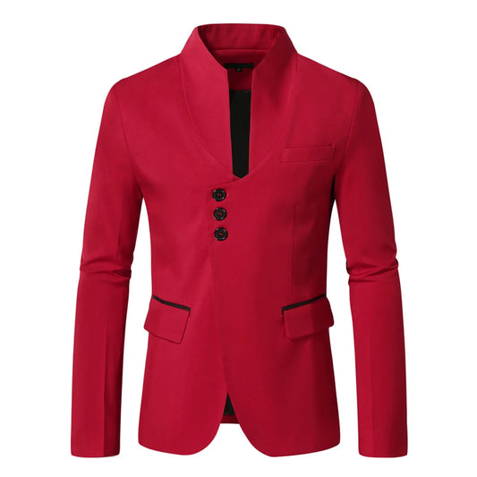 Men's Elegant Solid Color Stand Collar Long Sleeve Single Breasted Suit Fashion Skinny Formal Occasion Clothing