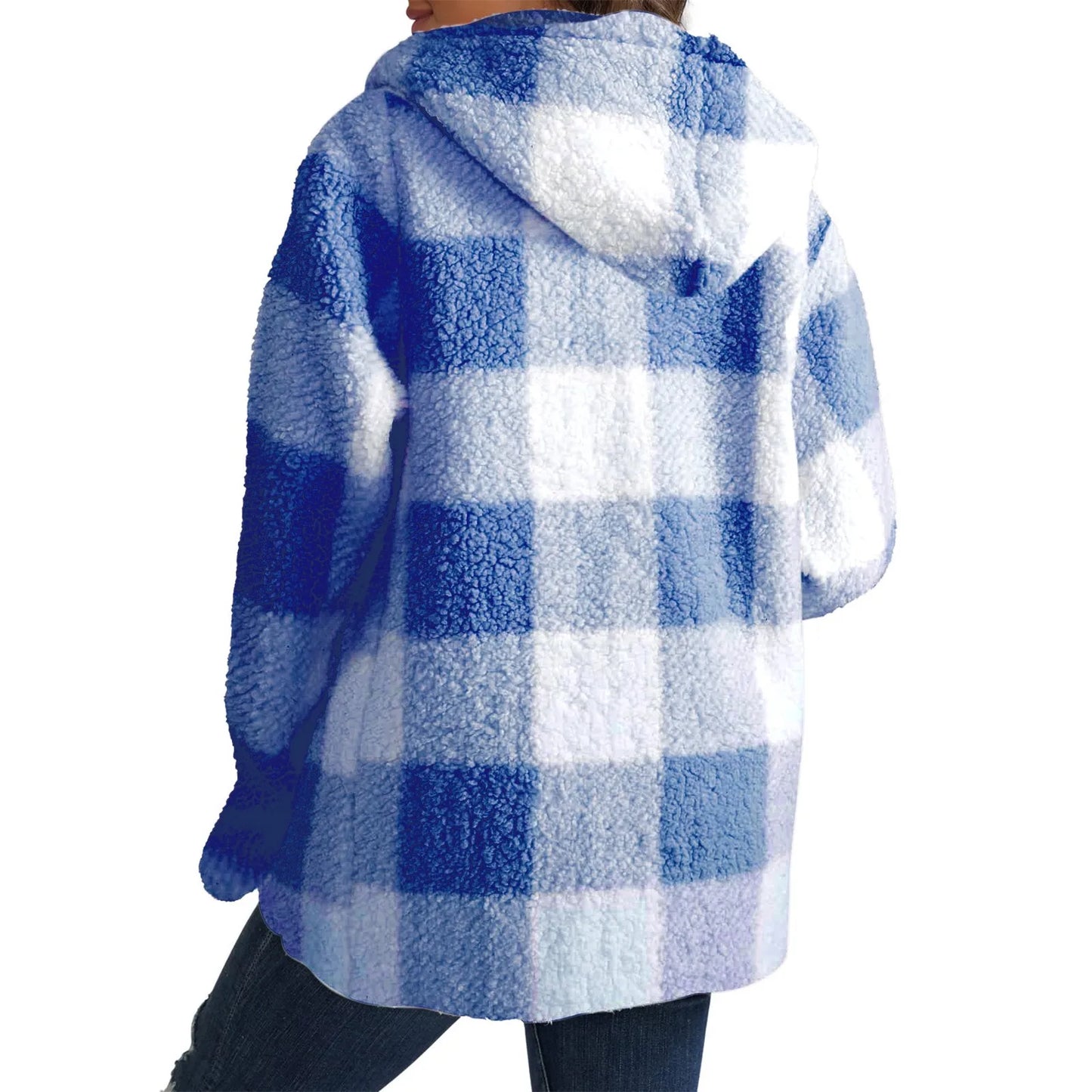 Loose Long Sleeve Plush Plaid Hooded Pocket Zipper Jacket Fashion Winter Warm Fuzzy Cardigan For Female